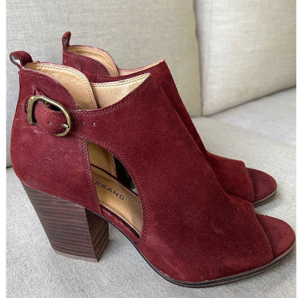 Lucky Brand Women 9 Oona Peep Toe Booties Burgundy Suede Block Heel Boho Western